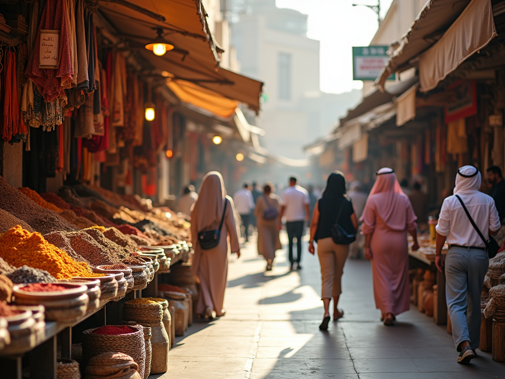 People walking through a bustling Middle Eastern market with stalls of colorful spices on the side.