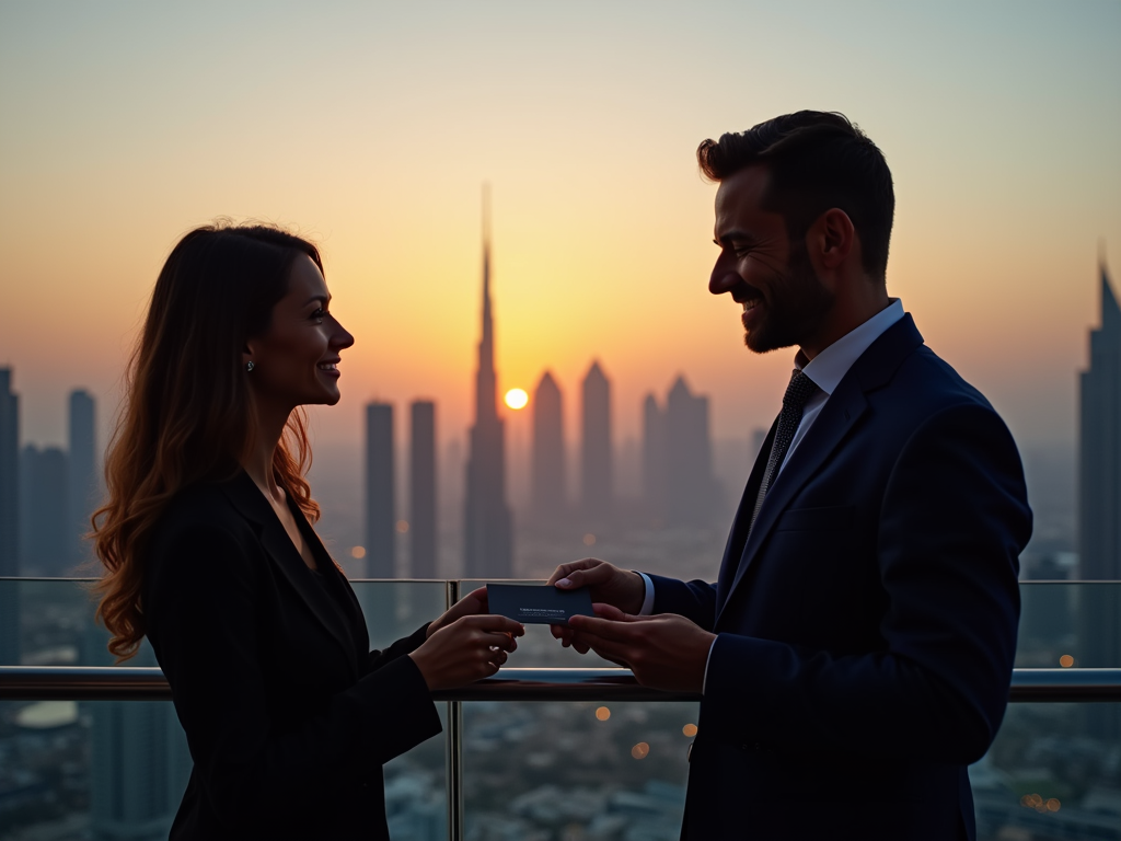 Two professionals exchange business cards on a high-rise building at sunset.