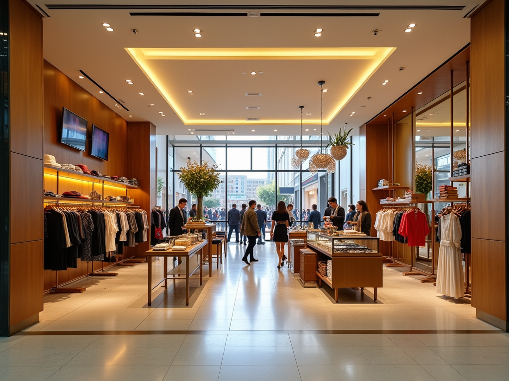 Modern clothing store interior with customers shopping, warm lighting, wooden shelves, and elegant decor.