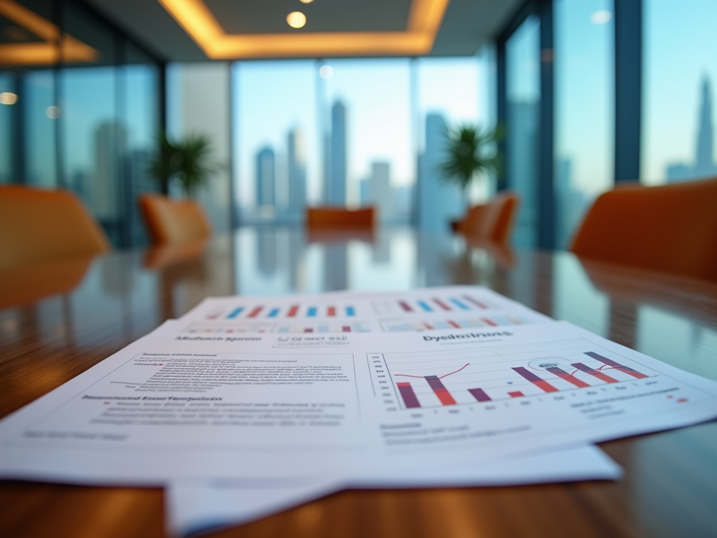 Business reports with graphs on a conference table, blurred office background with city view.