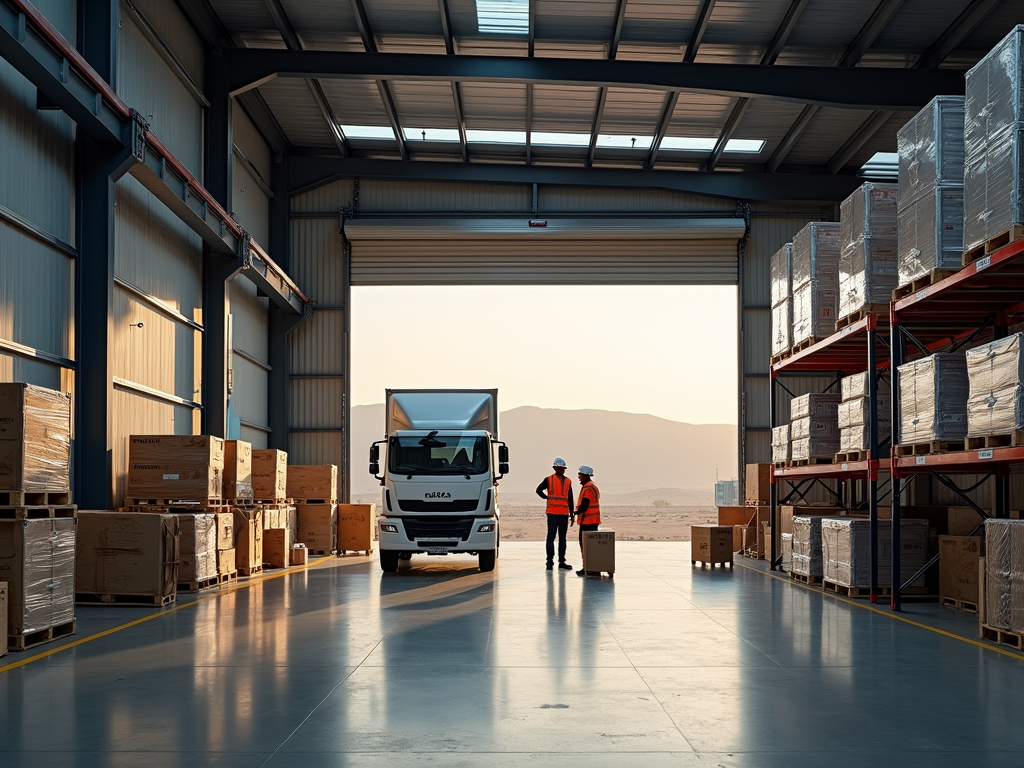 Two workers in a warehouse discuss near a truck, surrounded by shelves filled with cargo boxes.