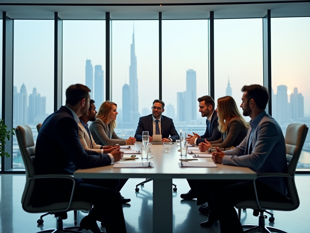 Business meeting in a high-rise office with city skyline view. Seven professionals discussing at a table.