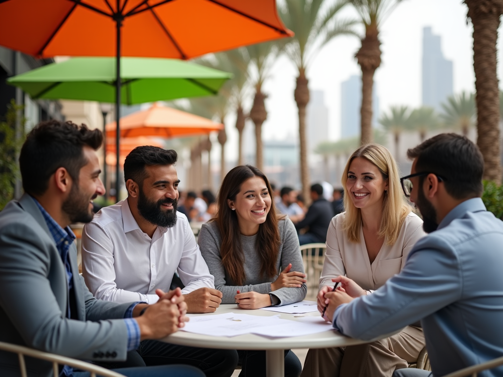 Group of five young professionals having a meeting outdoors under orange umbrellas, with city skyline in background.