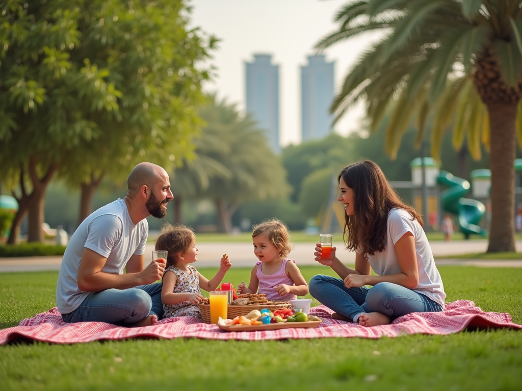 Family enjoys a picnic in the park with snacks and drinks, surrounded by trees and skyscrapers in the background.