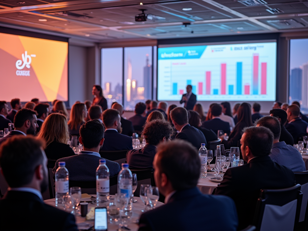 Business conference with attendees listening to presenters discussing charts on a large screen.