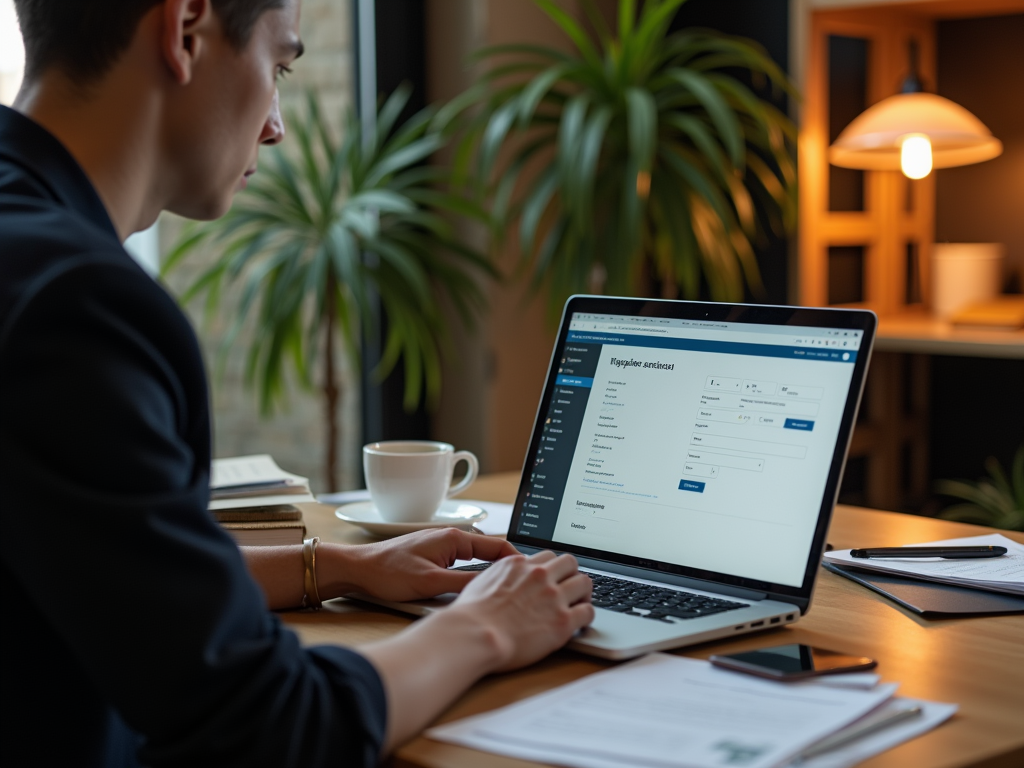 Man works on a laptop with a registration form open, in a cozy office with a cup of coffee nearby.