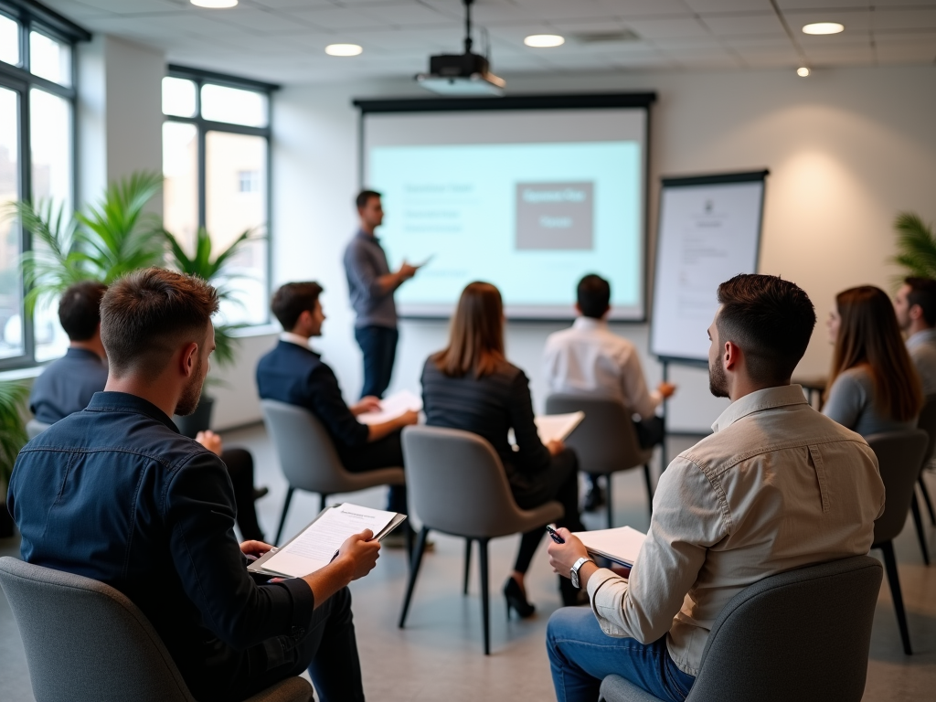 Man presenting to a group in a modern office training room.