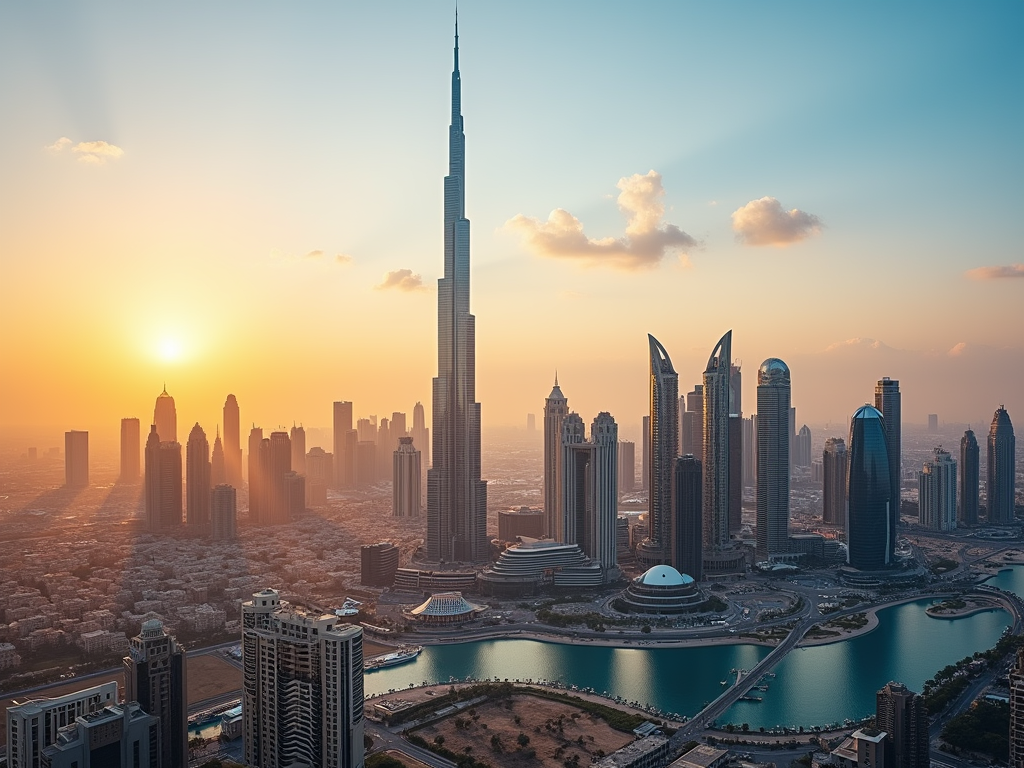 Sunset over Dubai skyline showing Burj Khalifa and surrounding skyscrapers and waterways.