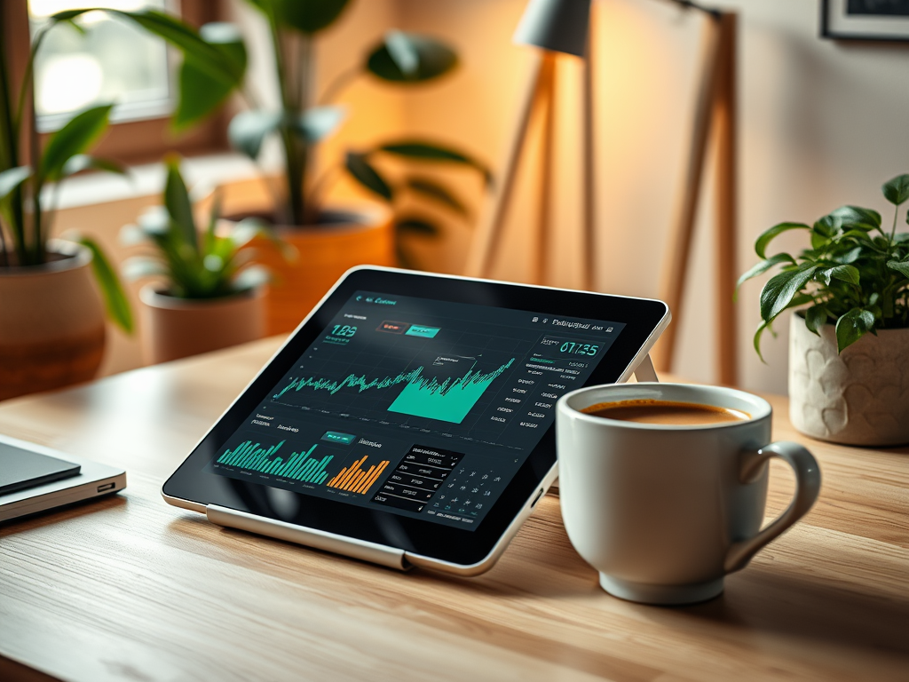 A tablet displaying financial data sits on a wooden desk beside a cup of coffee and green plants in the background.