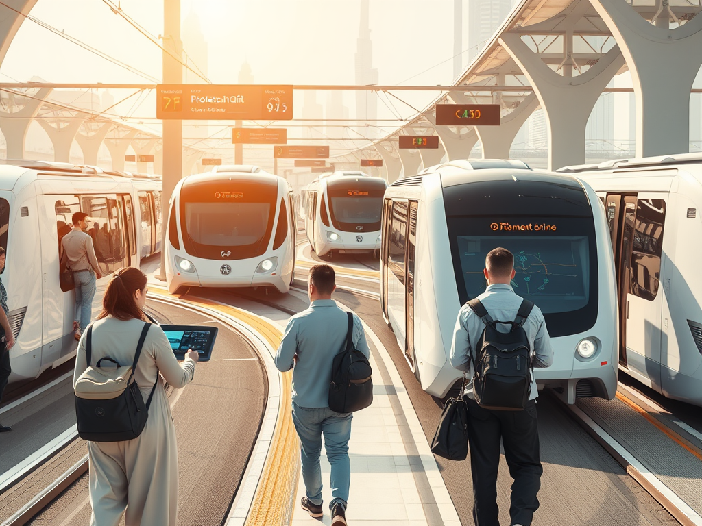 A modern transportation hub with sleek trains and passengers walking, set against a bright city skyline.