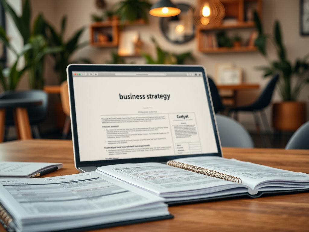 A laptop displaying a business strategy document on a wooden table with open notebooks and a pen beside it.