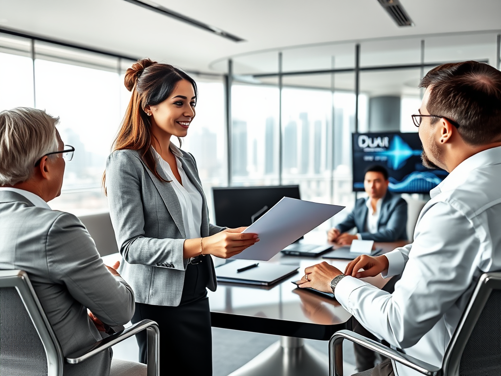 A confident woman presents a document in a modern conference room to attentive colleagues during a meeting.