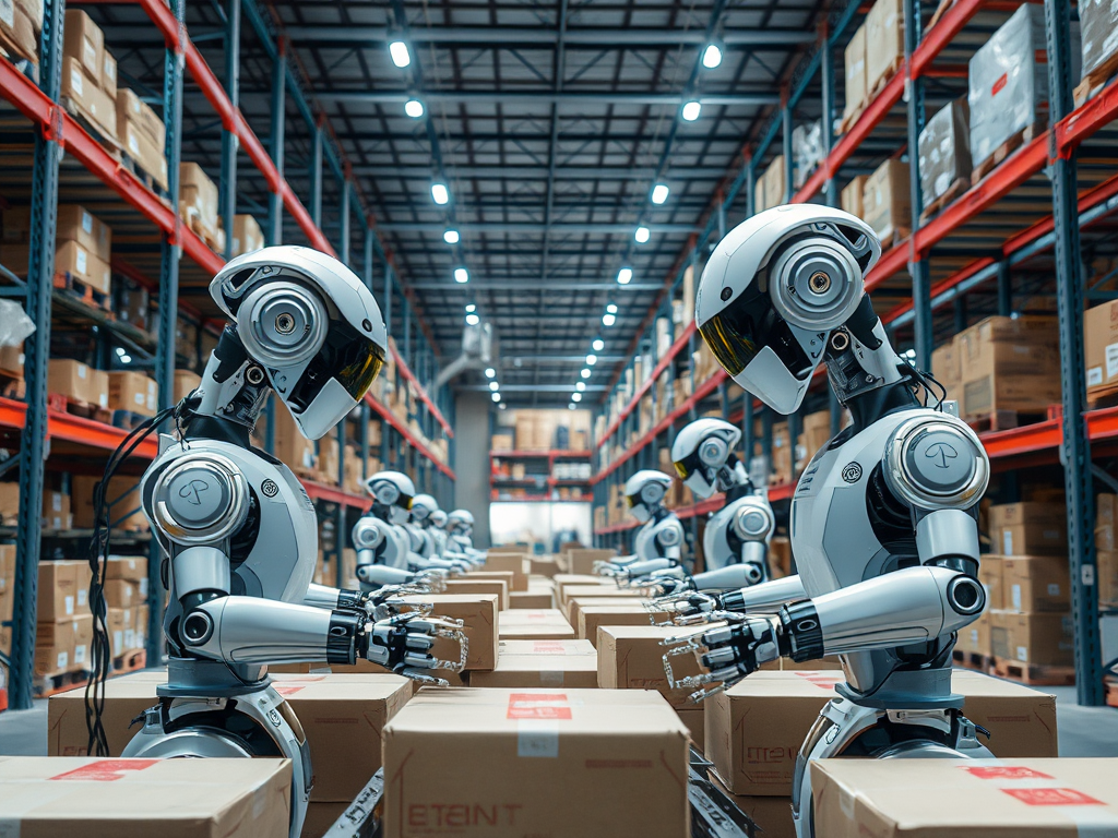 A row of humanoid robots sorting packages in a well-lit warehouse filled with shelves of cardboard boxes.