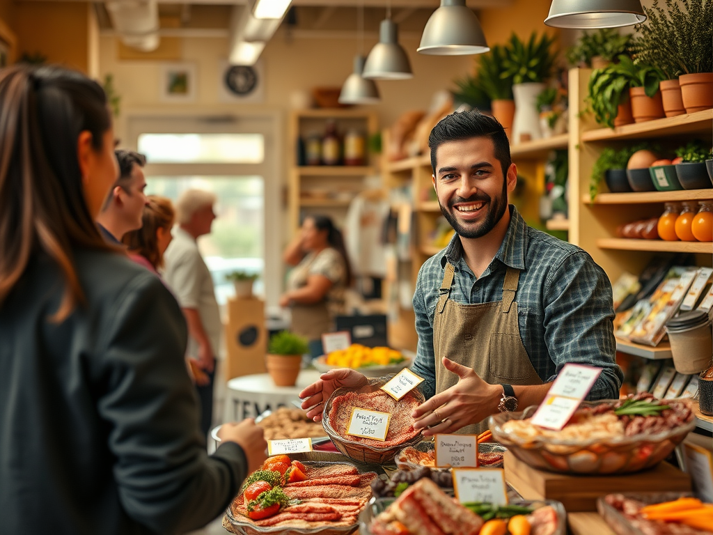 A smiling man in an apron sells fresh meat at a market, engaging with a customer. Shelves are stocked with produce.