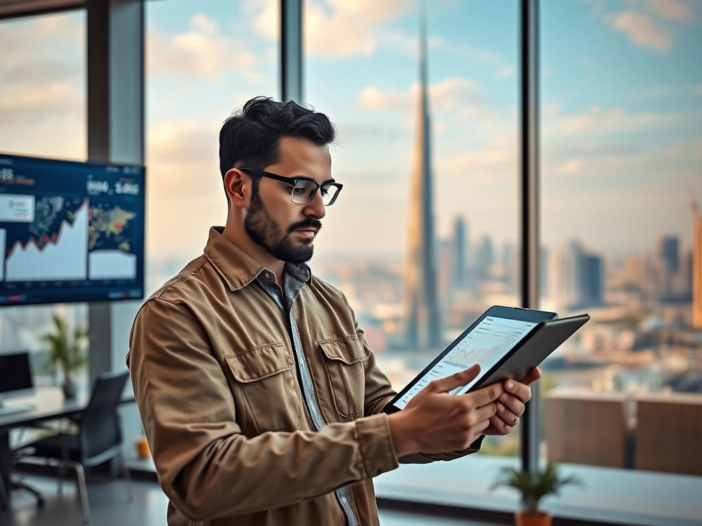 A man in a city office analyzes data on a tablet, with skyscrapers and a large screen displaying charts in the background.