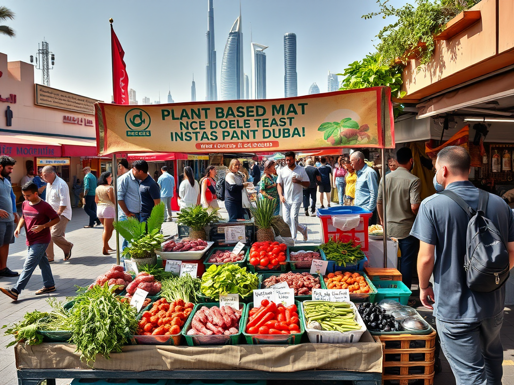 A vibrant outdoor market stall displays fresh vegetables and fruits, with people shopping and skyscrapers in the background.