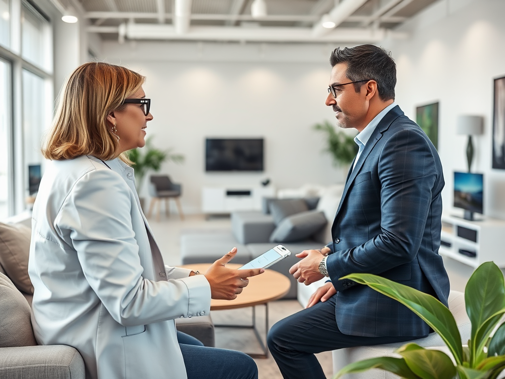 A woman and a man engage in a conversation in a modern office space, seated across from each other.