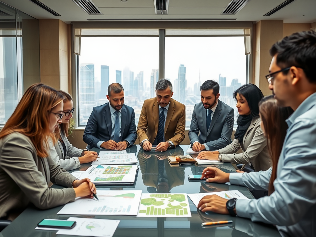 A diverse group of professionals engaged in a meeting around a conference table with city skyline views.