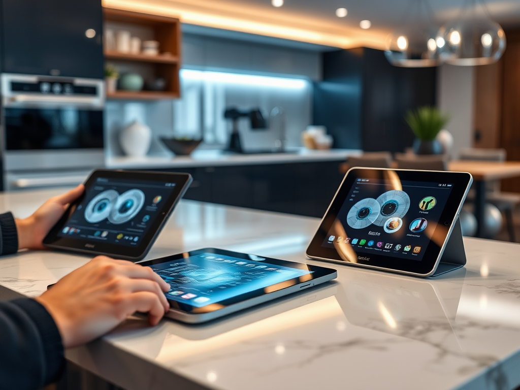 A person uses two tablets on a kitchen counter, showcasing digital interfaces and apps in a modern setting.