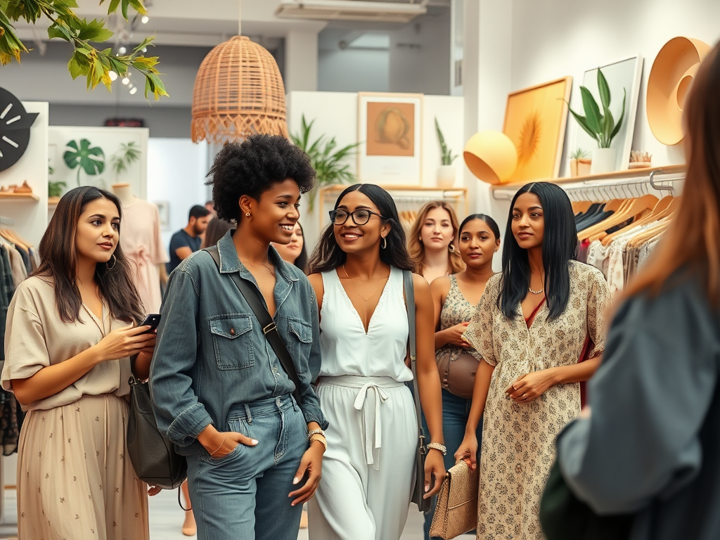 A group of women chatting and shopping in a boutique filled with clothing and stylish decor.