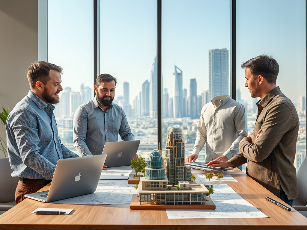 Four professionals discuss architectural plans with a city model and laptops, overlooking a skyline through large windows.