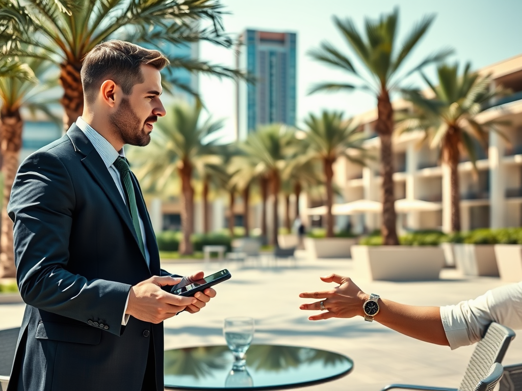 A man in a suit holds a phone while another person extends a hand, set in a palm-lined outdoor area.