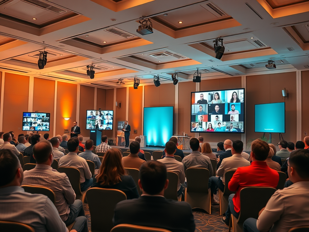 A conference room filled with attendees watching a presentation on large screens featuring remote participants.