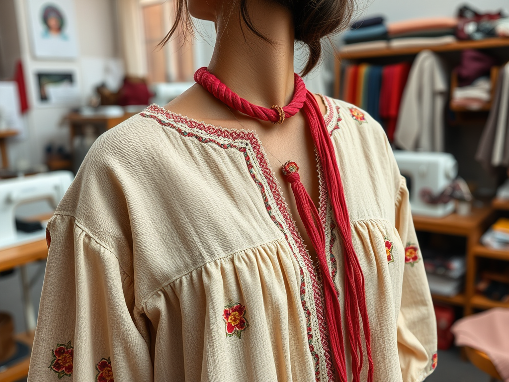 A close-up of a woman wearing a beige embroidered blouse with a red cord necklace in a textile workshop setting.