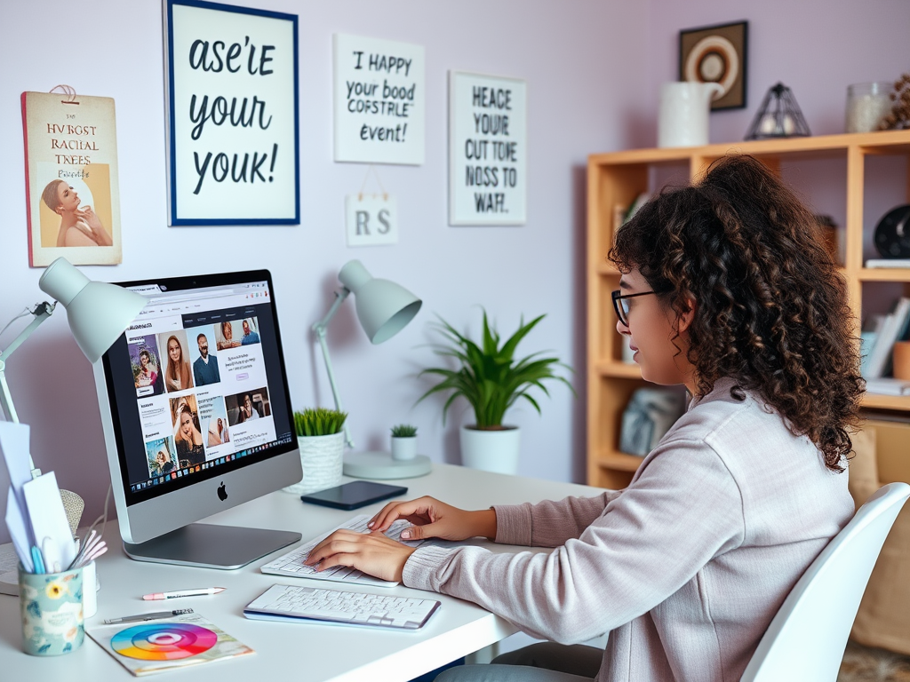 A woman with curly hair works at a desk with a computer, surrounded by plants and motivational posters.