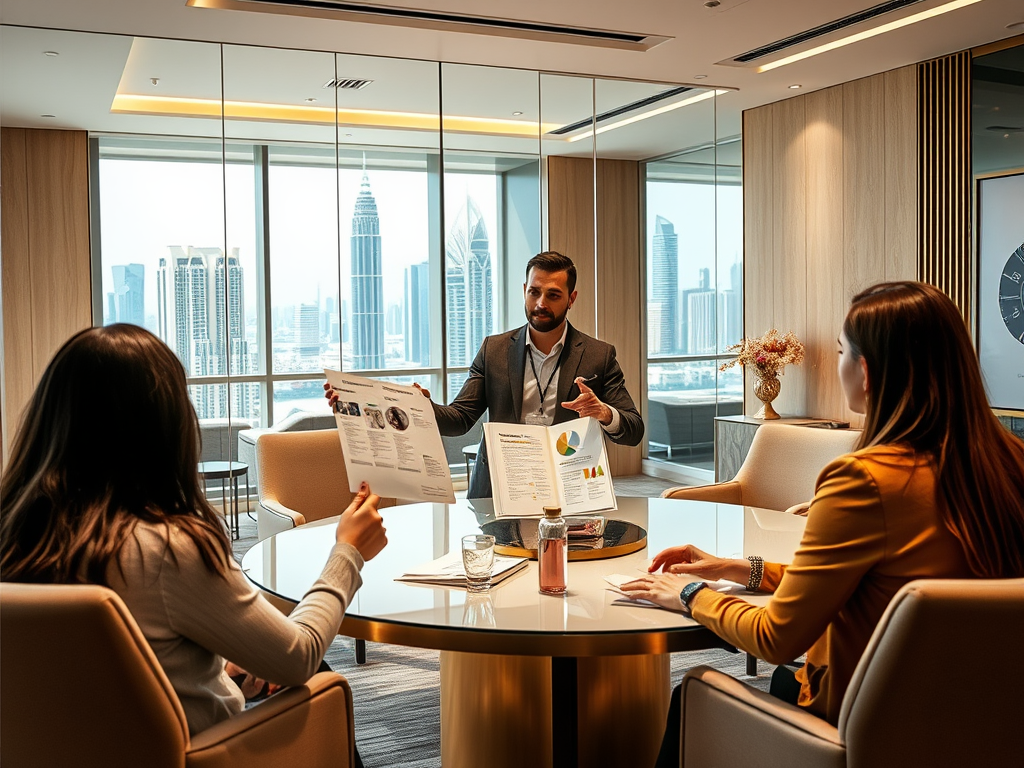 A business meeting with three people discussing documents in a modern office with a city view.