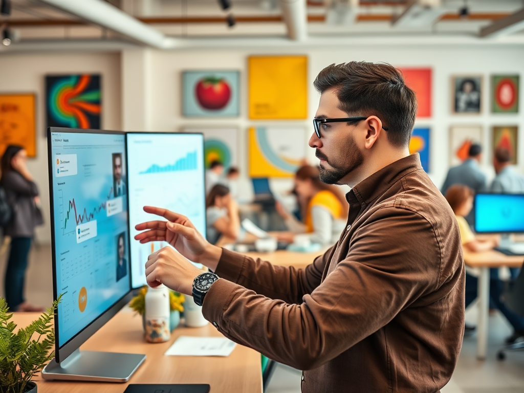 A man in a brown shirt analyzes data on a monitor in a modern office surrounded by people and colorful artworks.